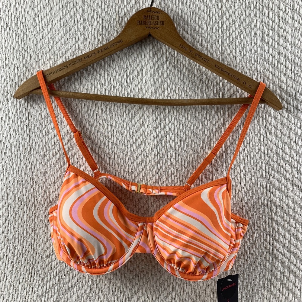 No Boundaries Swim Bikini Top Women's M 7-9 Orange Abstract Padded Boho Wavy Y2K